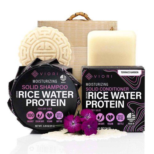 VIORI Terrace Garden Shampoo and Conditioner Bar Set and Bamboo Holder- Made with Rice Water for Hair Growth - Handcrafted Sulfate Free Shampoo and Conditioner