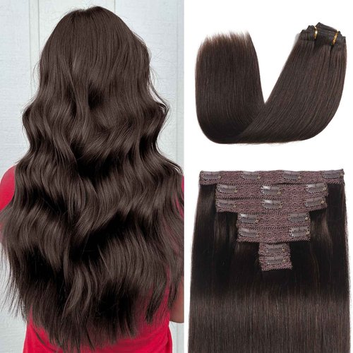 Mocona Clip in Hair Extensions Real Human Hair, Dark Brown – 16 Inch 7pcs 70g/Pack, Soft Hair Extensions Real Human Hair Clip ins Straight Suitable for all Hair Types (#2 16 Inch)