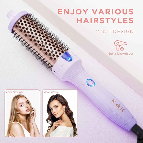 K&K 1.5 inch Volumizing Brush Heated Curling Ceramic Tourmaline Ionic Curling Iron Quick Heating Makes Hair Silky Smooth Dual Voltage Travel-Friendly Straightening Round Design (Purple, 1.5 Inch)