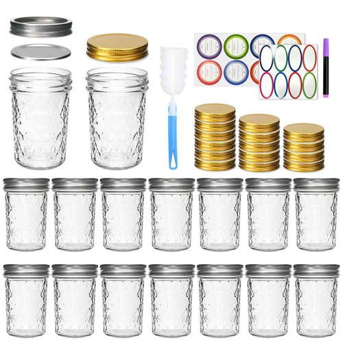 Datttcc 8 oz Mason Jars, Canning Jars,Jam Jars forJelly,Honey, Wedding Favors, Food Storage,Kitchen & DIY Gifts, with Lables,Sponge Brush,Pen,Set of 16