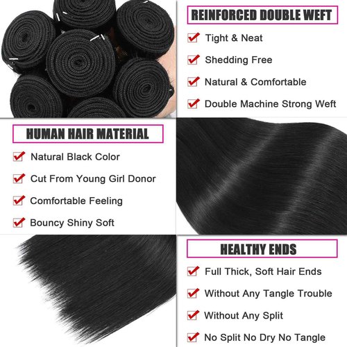 NROOEAY Straight Bundles Human Hair 24 inch 100% Unprocessed Brazilian Straight Hair Bundles 12A Remy Virgin Retain the Intact Cuticle, Long Lifespan