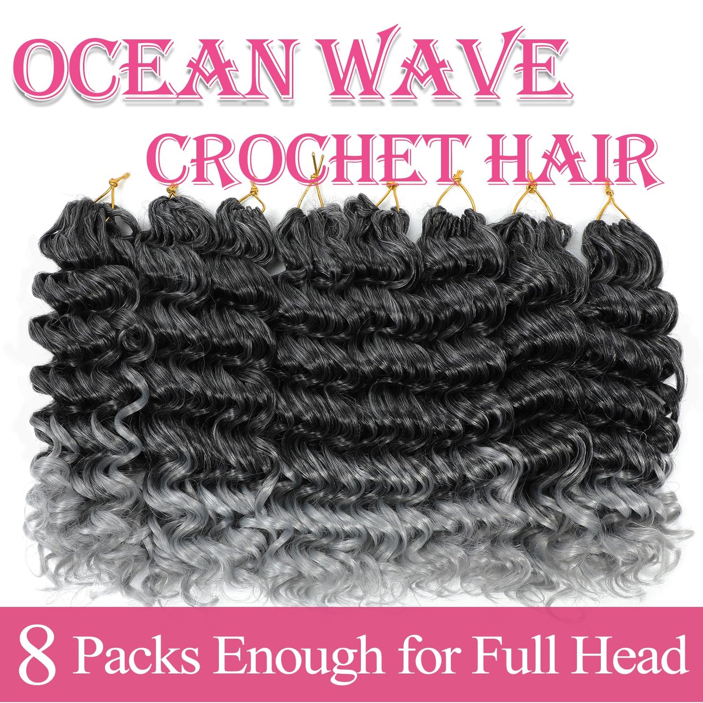 Ocean Wave Crochet Hair 12 Inch 8 packs Deep Wave Crochet Hair Synthetic Curly Crochet Braiding Hair for Black Women (12 Inch, 8 packs, T/Grey)