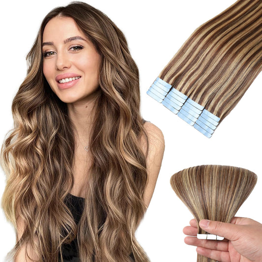 Mifes Tape in Hair Extensions Human Hair #P4/27 Balayage Color 20pcs/40g 14 Inch Chocolate Brown to Honey Blonde Highlight Tape in Human Hair Skin Weft Human Hair Extensions