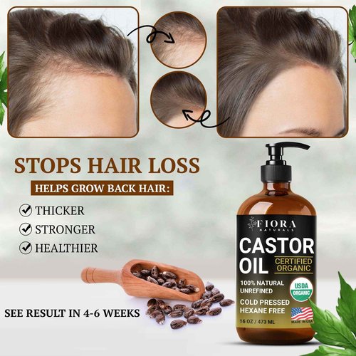 Organic Castor Oil in Glass Bottle – 16 Oz Cold Pressed & Hexane-Free – USDA Certified – Hair Growth Oil For Lashes, Brows, Skin & Scalp – with Pump