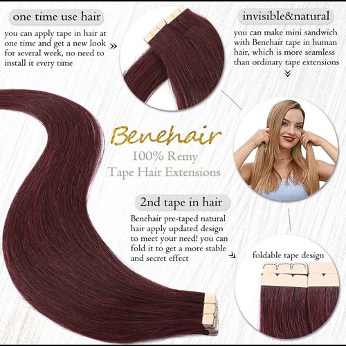 Benehair Red Tape-in Hair Extensions, 18" Human Hair, 20pcs, 50g/pack, Straight, Seamless Skin Weft, Natural, Wine Red