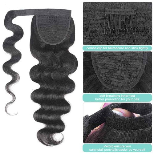 Humistwbiu Human Hair Body Wave Ponytail with Magic Paste Warp Around 100% Brazilian Virgin Human Hair Ponytail for Black Women Natural Color 18 Inch