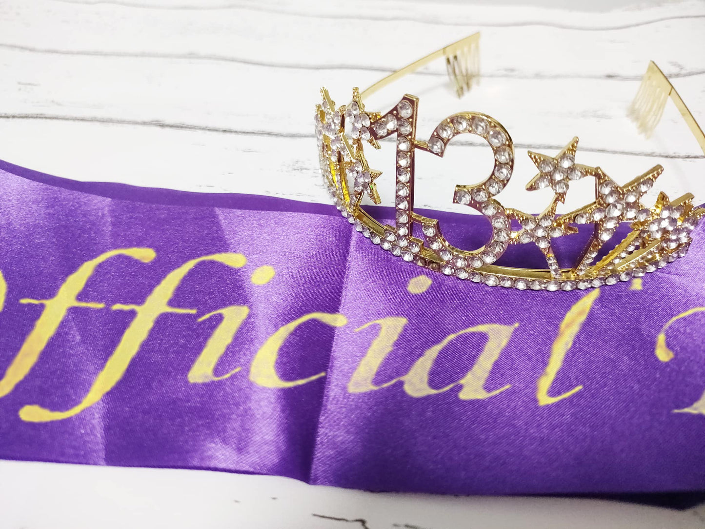 Happy 13th Birthday Tiara and Sash Gifts Crystal Rhinestone Princess Crown Birthday Girl Party Favor Supplies Gold Crowns Purple Sash