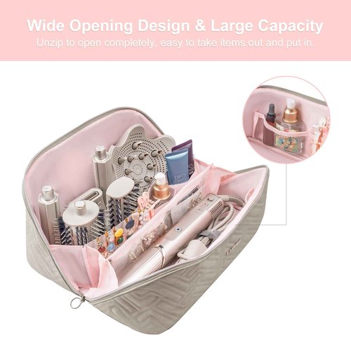 Leudes Hair Tools Travel Bag For Dy son Airwrap Hair Dryer Shark Flex Style Carrying Case Travel Makeup Bag Portable Pouch Open Flat Packing Organizers with Divider and Handle (Camel)