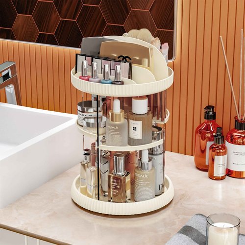 Yieach Rotating Make up Organizer for Countertop,Adjustable Spinning Skincare Organizers,Vanity Organizers and Storage,Bathroom Lazy Susan Organizer for Beauty Product and Spin Skin Care Holder,Beige