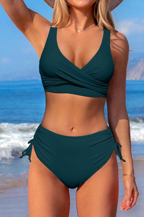 Beachsissi Women's High Waist Bikini Twist Front Tie Back 2 Piece Swimsuits, Teal, M