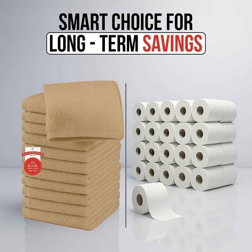 RIVERSIDE 12 Pack Washcloths - 12x12 Inches, 400 GSM, 100% Ring-Spun Cotton - Soft, Absorbent & Durable Face and Body Towels - for Bathroom, Spa, Gym, Makeup Removal & Everyday Use - Tan