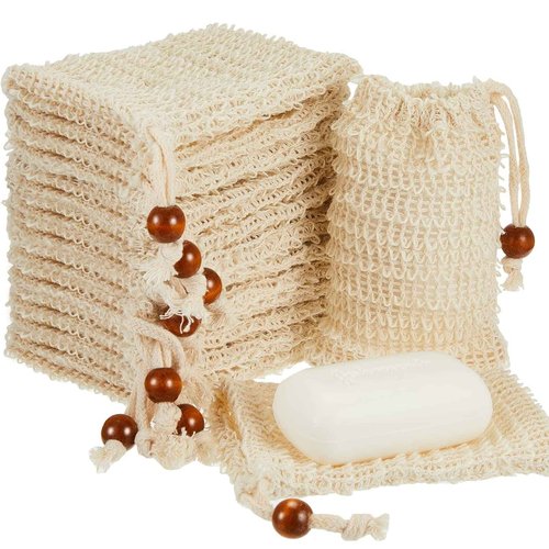 Cunhill 80 Pack Soap Saver Bag Exfoliating Sisal Soap Pouch with Drawstring Bar Wooden Bead Foaming and Drying Exfoliating Net for Bath and Shower (3.5x5.5 Inch)