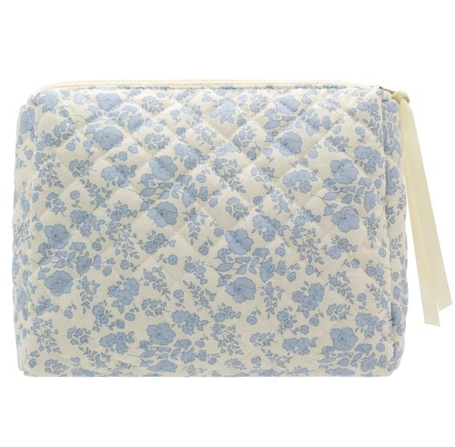 PAZIMIIK Quilted Makeup Bag Large Travel Zipper Soft Cosmetic Pouch for Women Girls Make Up,Little Flower Blue