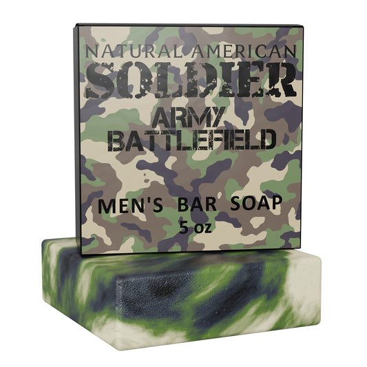 NATURAL AMERICAN SOLDIER Men’s Bar Soap – ARMY BATTLEFIELD - 100% All Natural, Masculine Scent, Essential Oils, Organic Shea Butter, No Harmful Chemicals – For Men - Made in USA - Man Soap, 5 oz