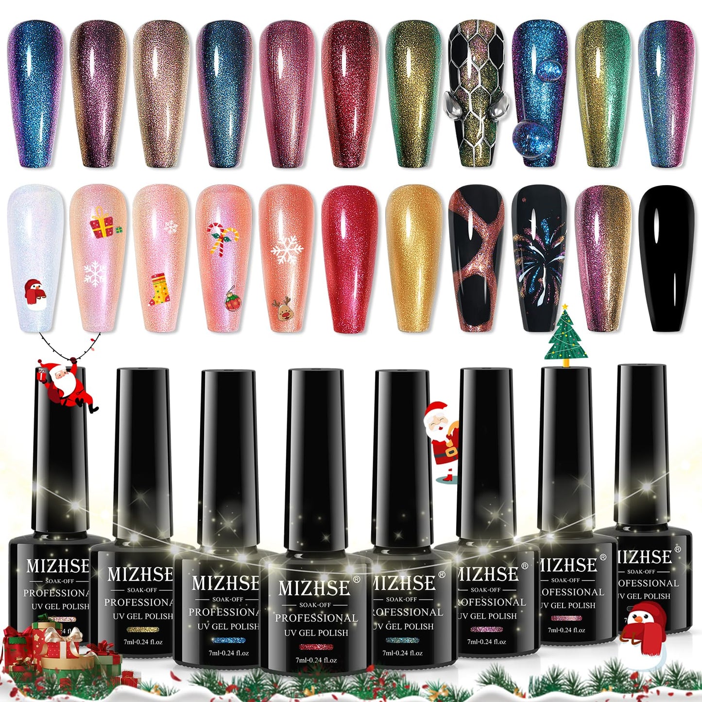 MIZHSE Chameleon Gel Nail Polish, 8 Colors Glitter Gel Polish Set with Black Polish, Dual-color Nebula Halo Blue Green Purple Shiny Nail Gel Gel Soak Off Nail Art Salon Home Christmas Gift for Ladies