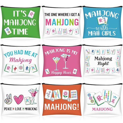 SilTriangle 9 Pcs Mahjong Cosmetic Bag Gifts for Women Mahjong Makeup Bag Mah Jong Zippered Pouch for Lover Player Friend Mom Grandma Lucky Birthday Christmas New Year Gift