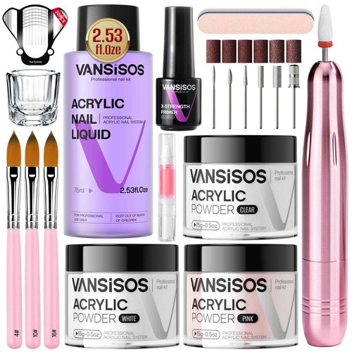 Vansisos Acrylic Nail Kit with Drill: Complete Set with Everything for Beginners and Women at Home Salon - Including Clear White Pink Acrylic Powder and Liquid and Brushes for Extensions