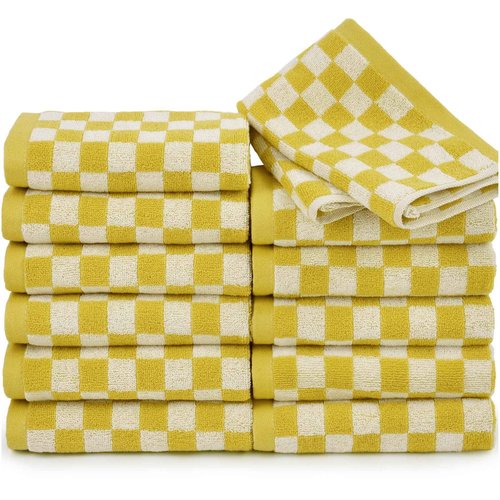 Jacquotha Super Soft Wash Cloths(Mustard Yellow Checkered), 12 Pack Washcloths Facecloth, Cotton Face Towels Set for Body Showering 13x13 Inches, Gifts