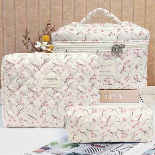 3 Piece Floral Quilted Makeup Bag, Large Capacity Travel Cosmetic Bag for Women and Girls, Aesthetic Storage for Daily and Travel Use (3pcs-peachblossom)