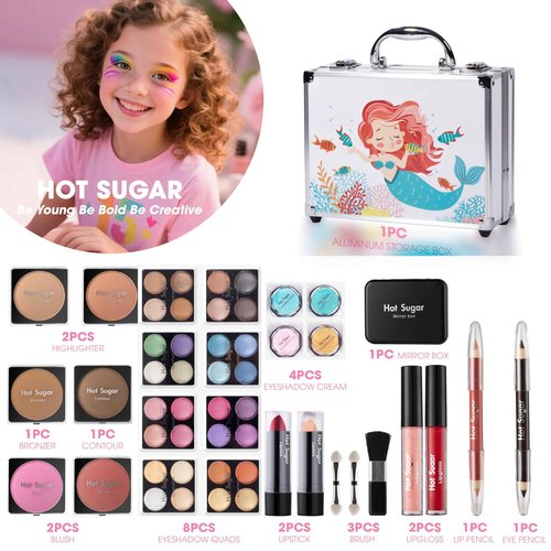 Hot Sugar Makeup Kit for Girls, Kids Makeup Set with Mermaid Train Case Includes Eyeshadow Palette, Blush, Lipstick, Lip Pencil, Eye Pencil