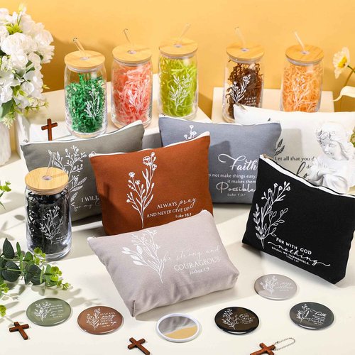 Fumete 6 Set 6 Set Christian Gifts for Women Bulk Religious Makeup Bag Bible Verse Glass Cup Mini Christian Compact Mirror Regalos Cristianos En Español for Christmas Church Gifts (Neutral Colors)