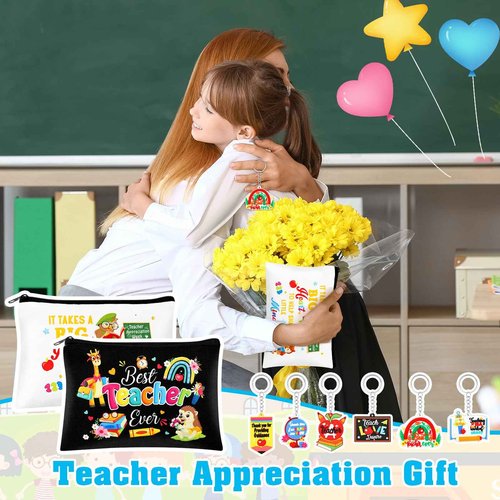 HOWAF 16 Pcs Teachers Appreciation Gift Set, 4pcs Thank You Teacher Makeup Cosmetic Bags 12pcs Teacher’s Key Chain for Graduation End of Year Gift for Teacher Women, Teacher’s Day Gift Set