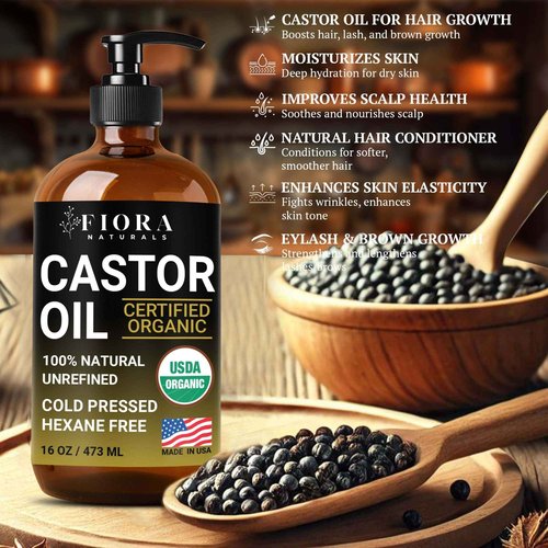 Organic Castor Oil in Glass Bottle – 16 Oz Cold Pressed & Hexane-Free – USDA Certified – Hair Growth Oil For Lashes, Brows, Skin & Scalp – with Pump