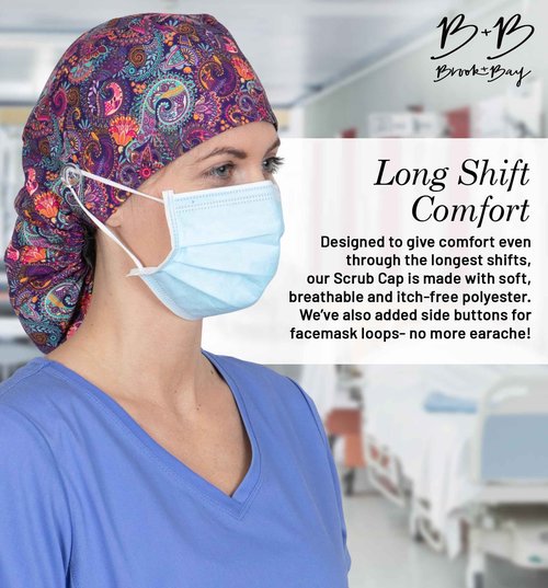 Brook + Bay Scrub Caps Women Ponytail - 2 Pack Surgical Caps for Women Long Hair - Nurse Cap - Scrub Hats for Nurses - Bouffant Scrub Cap