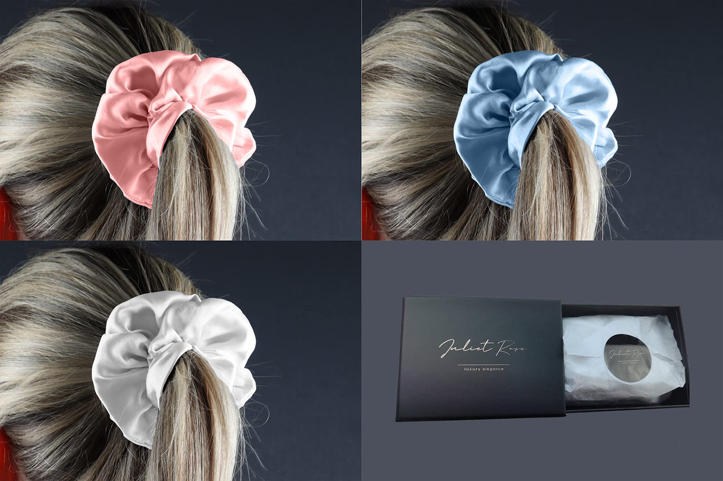 JULIET ROSE | Luxury Mulberry Silk Scrunchies | Premium Hand Crafted | Large - Extra Large | Pack of 3 | 100% Pure 22-Momme 6A Hair Ties | No Crease | No Damage | Hair Sleep (Pink - Sky Blue - Cream)