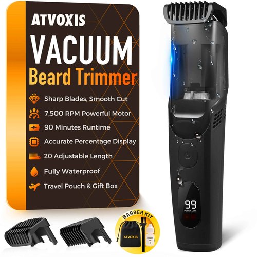 ATVOXIS Vacuum Beard Trimmer for Men Rechargeable, IPX6 Waterproof Mustache Trimmer with Adjustable Length Combs (1/25’’-4/5’’), Men’s Electric Stubble Trimmer, Cordless with Built-in Vacuum (Black)