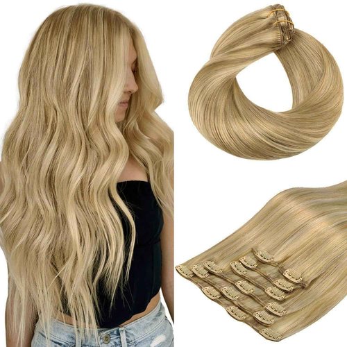 HOTBANANA Human Hair Clip in Hair Extensions, Balayage Light Blonde Highlighted Golden Blonde (Ash Tone) 120g Clip in Hair Extensions Real Human Hair Straight Remy 14 Inch 7pcs