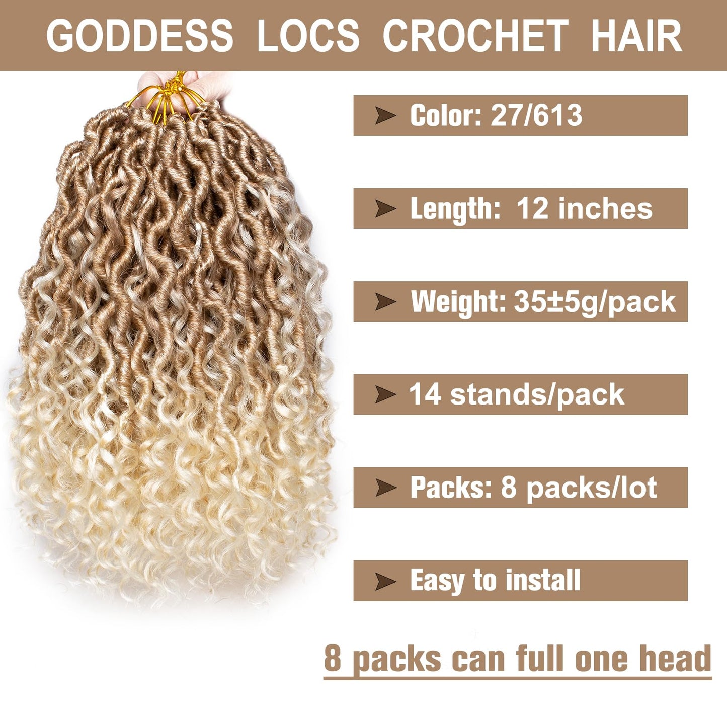 COOKOO 12 Inch 8 Packs Pre Looped Goddess Locs Crochet Hair Mix Blonde River Locs Crochet Hair Bohemian Faux Locs Crochet Braiding Hair for Kids Synthetic Goddess Crochet Braids Hair Extention 27/613#