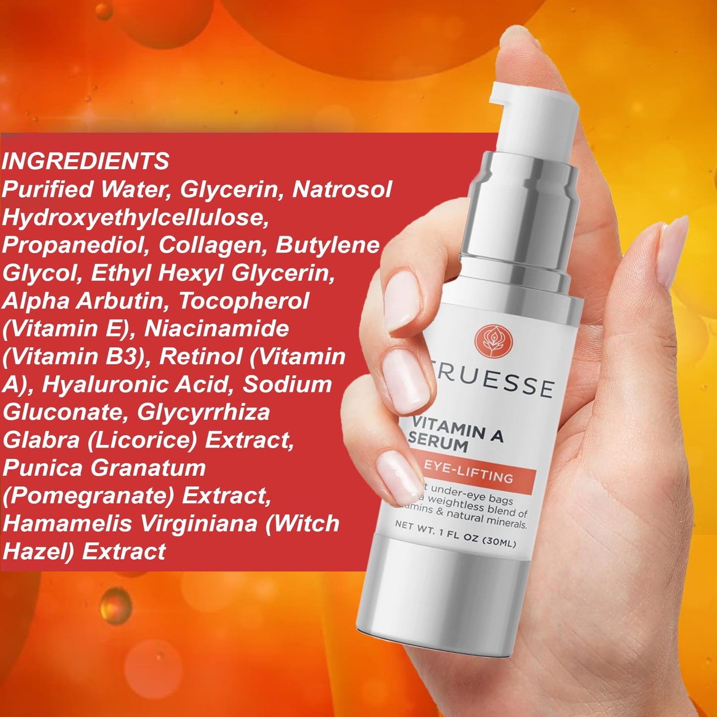 TRUESSE Ayurvedic Vitamin A Serum – Natural Retinol for Firm Bright Skin - Reduces Under Eye Bags – Hyaluronic Acid for Hydration