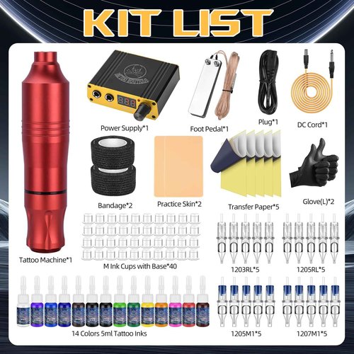 ATOMUS Tattoo Gun Machine Kit, Pen Style Tattoo Cartridge Machine with 14 Color 5ml Inks Power Supply 20pcs Tattoo Cartridge Needles Foot Pedal