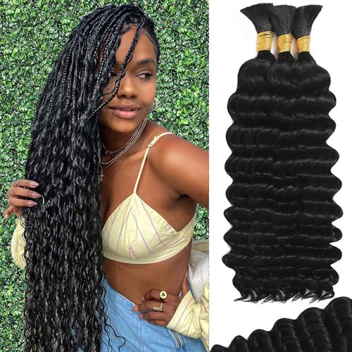 Human Braiding Hair for Boho Braids 14Inch 120g 12A Deep Water Wave Braiding Hair for Curly Boho Hair Braiding Knotless Bulk Bohemian Natural Black