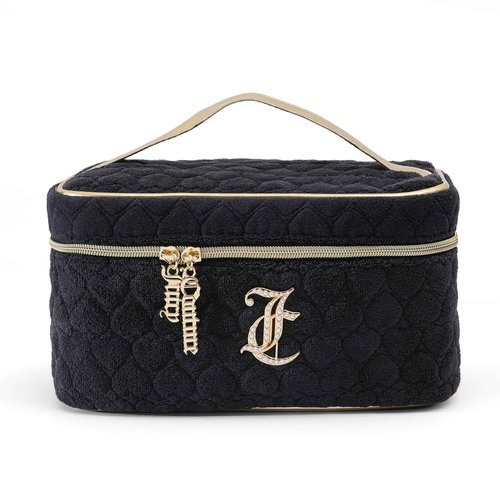Juicy Couture Black Makeup Bag Cosmetics Organizer Travel Essentials Train Case Terry Cloth Simulated Pearl Logo