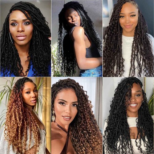 Boho Faux Locs Crochet Hair 24 Inch Goddess Locs 8 Packs Boho Soft Locs Crochet Hair with Curly Ends Pre-looped Long Bohemian River Locs for Black Women (1B, 24 Inch(Pack of 8))