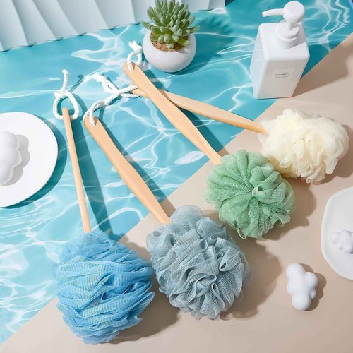 LemonRoad 16 Pcs Large Bath Body Back Brush Loofah on a Stick with Long Handle Back Scrubber for Shower PE Body Bath Sponge Soft Spa Mesh Brush Wash Exfoliating Luffas for Men Women