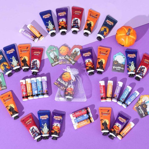 50 Pack Halloween Hand Cream and Lip Balm Set, Bulk Halloween Gifts with Halloween Cards and Organza Bag, Halloween Decorations and Halloween Party Favors Goodies for Women
