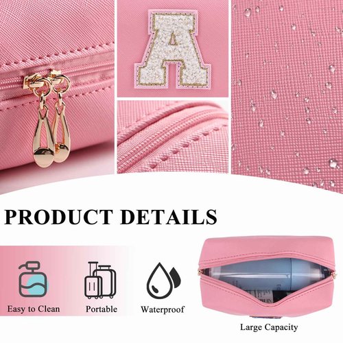 Letoileite Personalized Preppy Patch Makeup Bag Waterproof PU Leather Travel Toiletry Bag with Zipper，Cosmetic Bag Women Friend Birthday Christmas Gifts