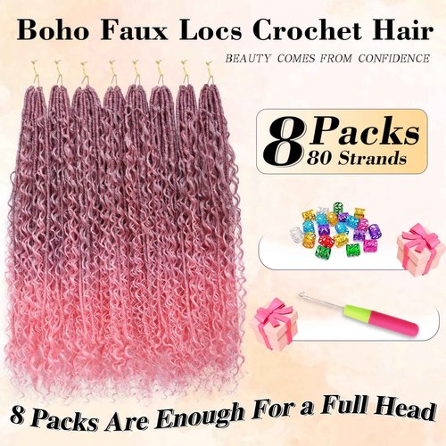 Boho Soft Locs Crochet Hair for Black Women-30inch Goddess Faux Locs Crochet Hair Ombre Pink 8 Packs Synthetic Pre-Looped with Curly Ends(8Pack,30inch,TPink)