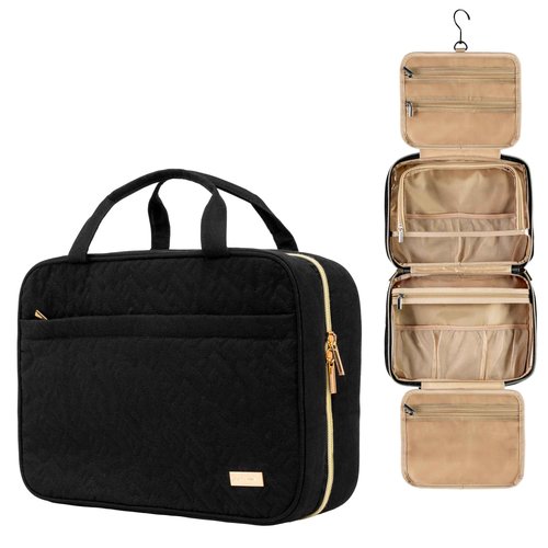 Carrywell |Not Made In China| Hanging Toiletry Travel Bag For Women, Makeup Organizer Case, Water-Resistant Cosmetic Bag For Full-size Containers, Toiletries (Black, Medium)
