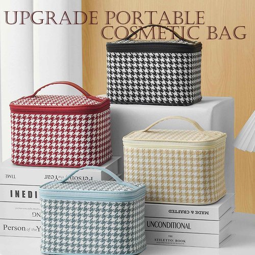 QIXCOZTI Portable Travel Toiletry Houndstooth Bag Men and Women kilobird Plaid Cosmetic Bag Bathroom Storage Bag (8.7INX6INX5.5IN) for Brushes Set,Full-Sized Shampoo,Toiletries,Accessories(black)