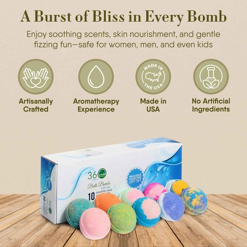 360Feel Bath Bombs Gift Set - Handcrafted Moisturizing Bath Bombs for Women Infused with Essential Oils - an Ideal Gift for Any Occasion - Non-Staining and Glitter Free Fizz - Large - Set of 10