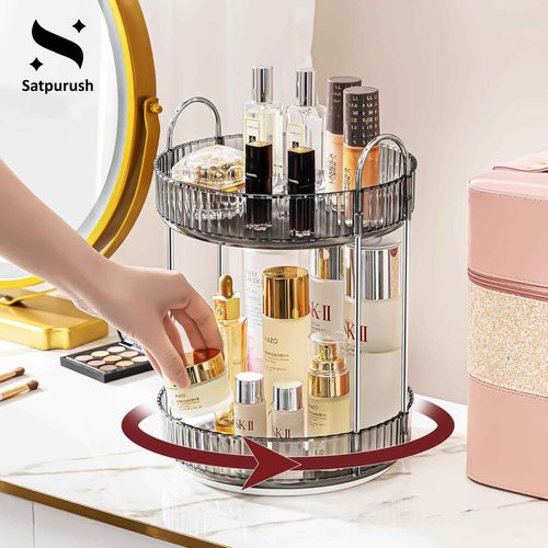 Satpurush 360° Rotating Makeup Organizer – 2-Tier Spinning Cosmetic Holder for Vanity, Countertop, Bathroom & Dresser – Perfume, Skincare & Cosmetic Care Organizer (Clear Grey, 2 Tier)