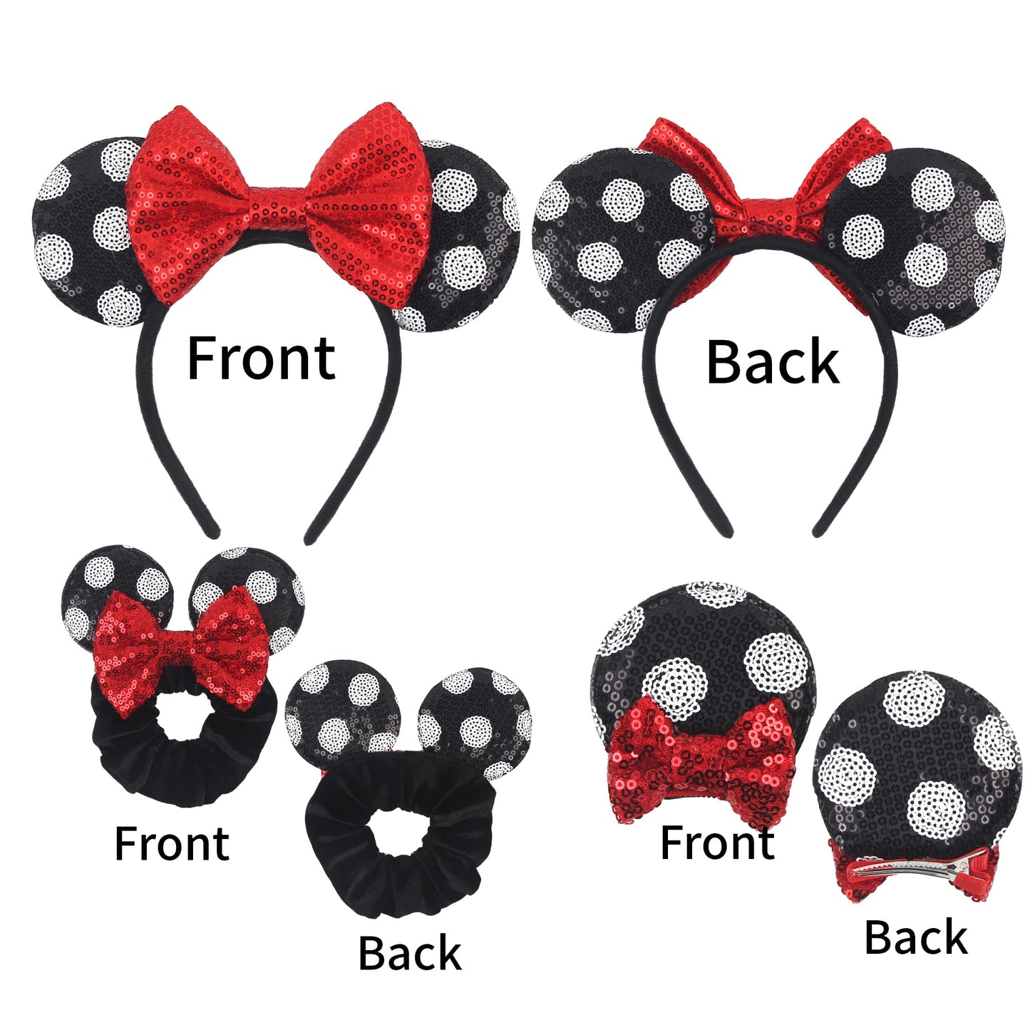 zhezesmila Shiny Mouse Ears Headband and Hair Clips, Glitter Party Princess Decoration with Red Bow Hair Accessories for Girls Women Adult Kids Birthday Party(black&white&red)