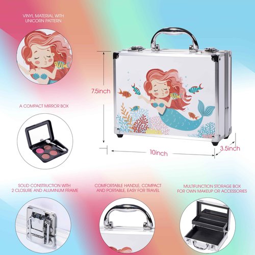 Hot Sugar Makeup Kit for Girls, Kids Makeup Set with Mermaid Train Case Includes Eyeshadow Palette, Blush, Lipstick, Lip Pencil, Eye Pencil
