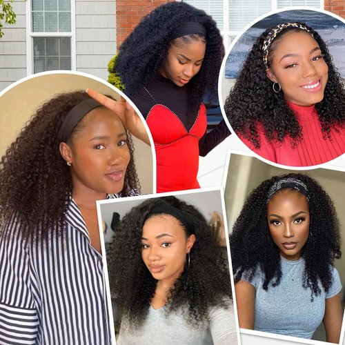 Urbeauty Short Kinky Curly Headband Wigs for Black Women Human Hair Soft Feeling Protein Silk Synthetic Hair Soft Lightweight Glueless Quick Install, Beginner Friendly Daily & Flip Over Wig