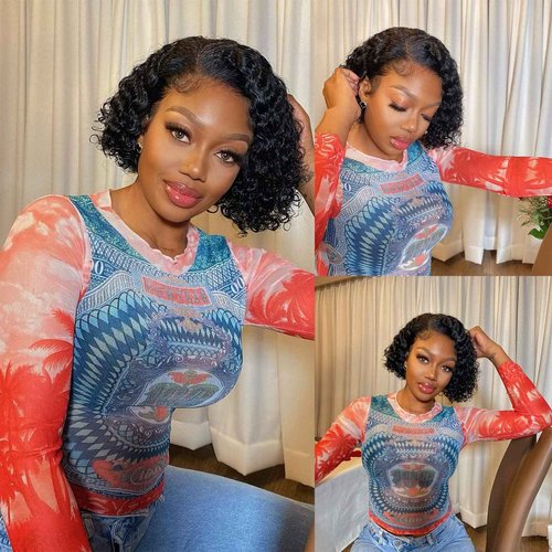 Keytac Deep Wave BOB Wig Human Hair 13x4 HD Curly BOB Lace Front Wigs Human Hair Pre Plucked Wear And Go Glueless Short Curly Frontal BOB Wigs For Black Women Wet And Wavy 12 Inch