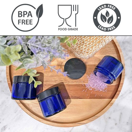 Cornucopia Brands 2oz Cobalt Blue Glass Cosmetic Jars (Pack of 12) Straight Sided Jars w/Black Plastic Lined Lids for Balms, Cosmetics, Creams & More